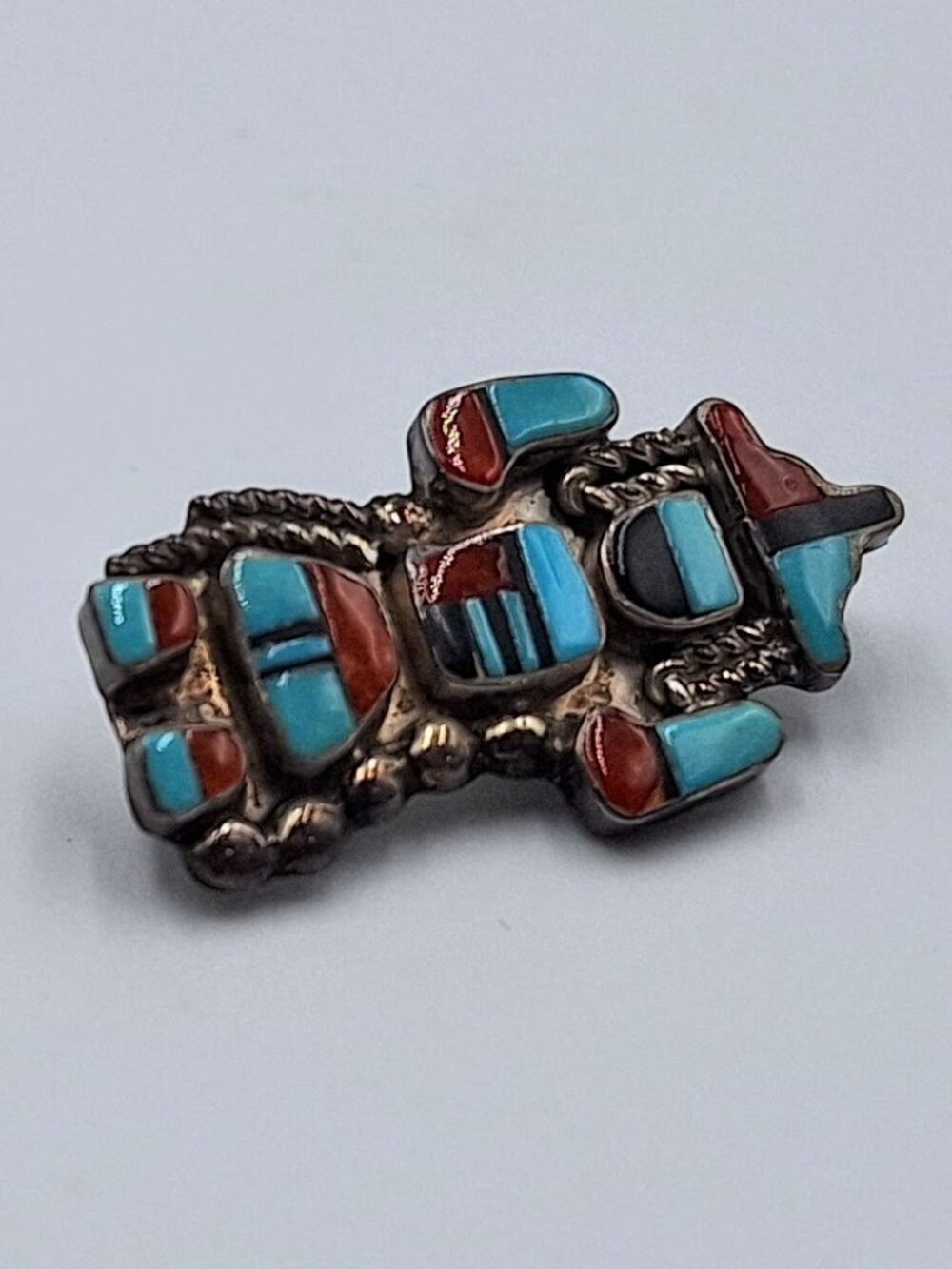 Tiny Zuni Native Rainbow Dancing Man Sterling Silver Turquoise Inlay Brooch Pin